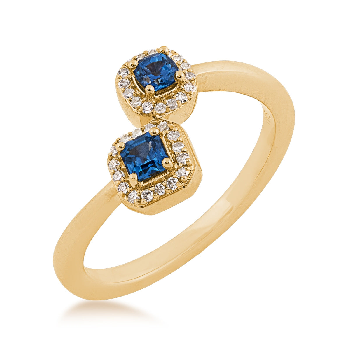 Cushion & Asscher Cut Yogo Sapphire & 1/10 ct. tw. Diamond Halo Toi et Moi Ring in 10K Yellow Gold front view