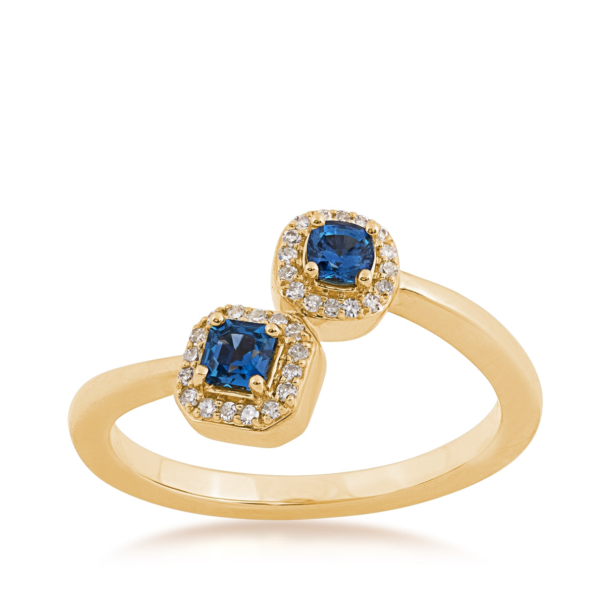 Cushion & Asscher Cut Yogo Sapphire & 1/10 ct. tw. Diamond Halo Toi et Moi Ring in 10K Yellow Gold