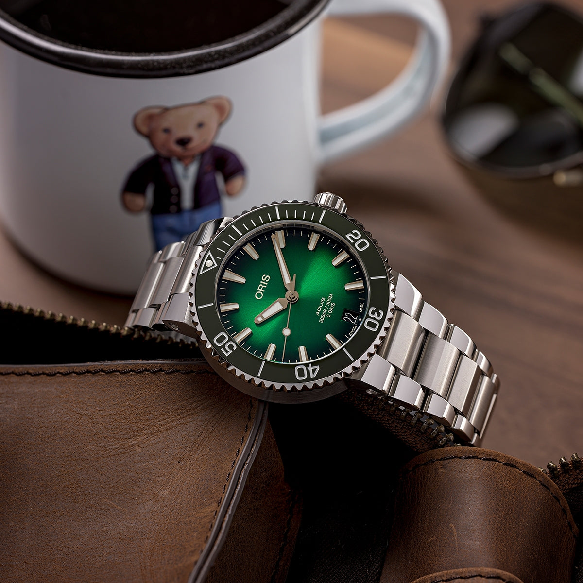 Oris Men's Aquis Date Automatic Stainless Steel Watch with Green Dial front view