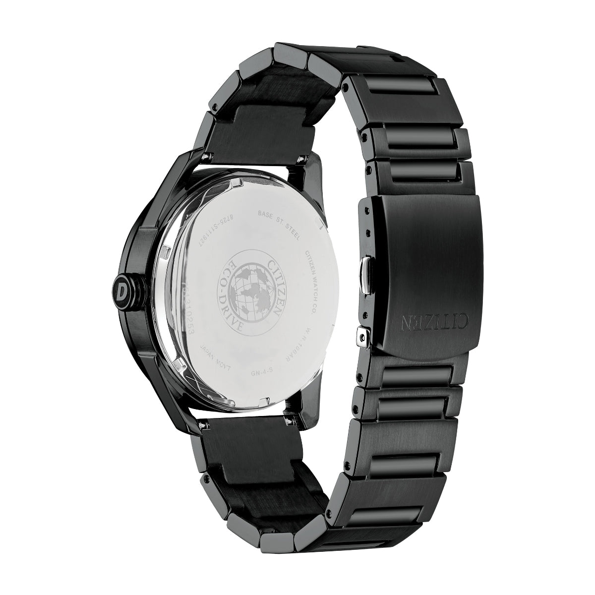 Citizen Men's Eco-Drive Black Stainless Steel Watch with Black Dial close-up detail