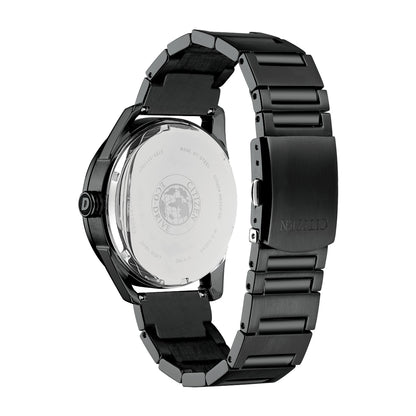 Citizen Men's Eco-Drive Black Stainless Steel Watch with Black Dial close-up detail