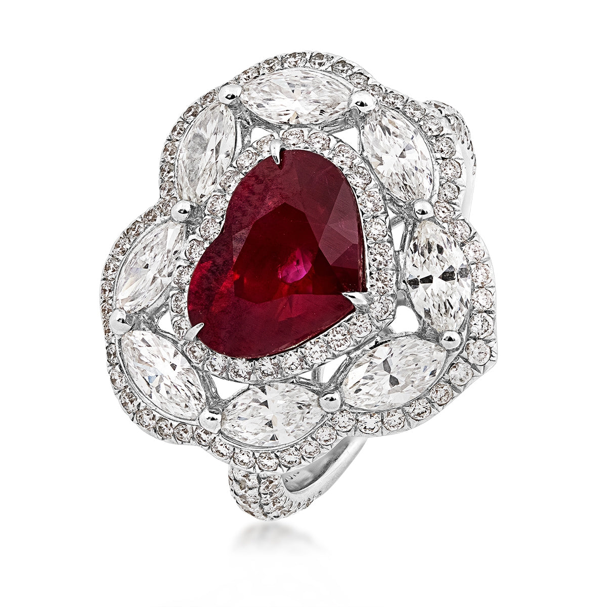 Heart Ruby & 2 ct. tw. Marquise & Round Diamond Halo Ring in 18K White Gold front view