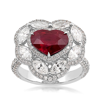 Heart Ruby & 2 ct. tw. Marquise & Round Diamond Halo Ring in 18K White Gold