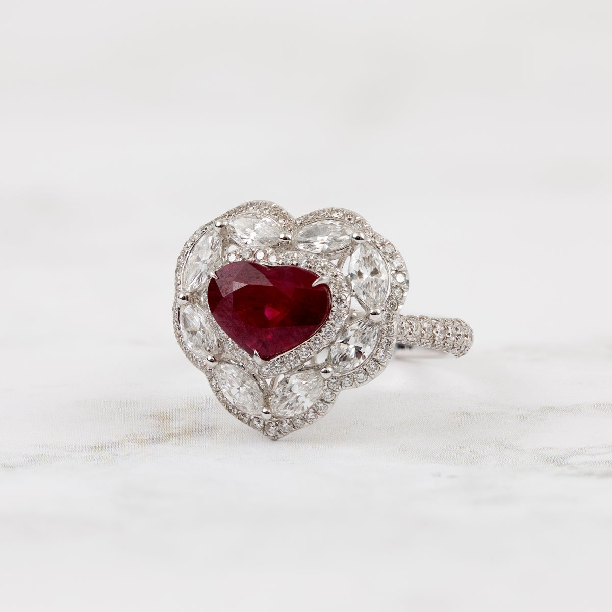 Heart Ruby & 2 ct. tw. Marquise & Round Diamond Halo Ring in 18K White Gold close-up detail