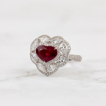 Heart Ruby & 2 ct. tw. Marquise & Round Diamond Halo Ring in 18K White Gold close-up detail