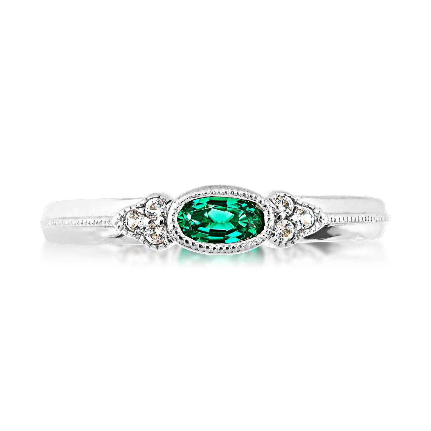 Created Oval Emerald & White Sapphire Stackable Ring with Milgrain Halo in Sterling Silver front view
