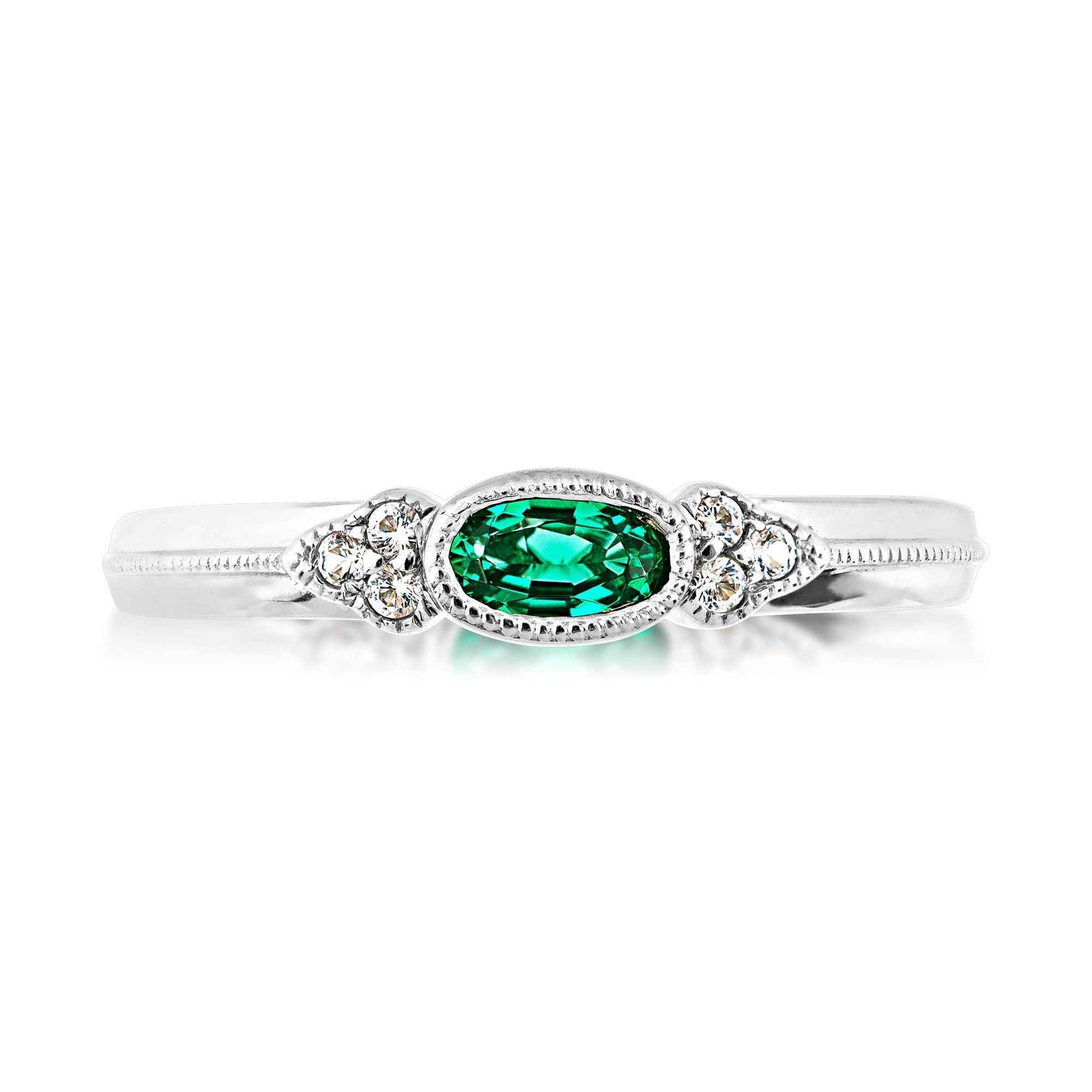 Created Oval Emerald & White Sapphire Stackable Ring with Milgrain Halo in Sterling Silver front view