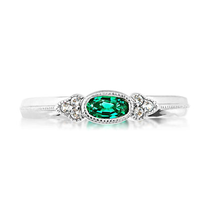 Created Oval Emerald & White Sapphire Stackable Ring with Milgrain Halo in Sterling Silver front view