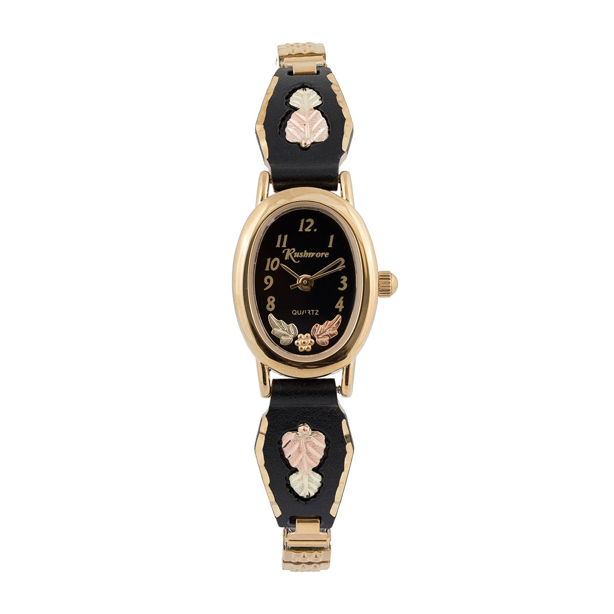 Black Hills Gold Ladies' Quartz Gold-Tone Stainless Steel Watch with Black Oval Dial & Powder Coated Band