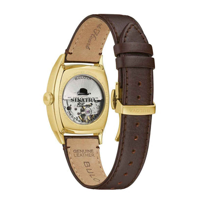 Bulova Men's Frank Sinatra Young at Heart Automatic Gold-Tone Stainless Steel Watch with Brown Dial & Leather Strap