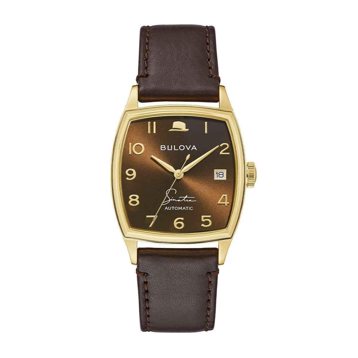 Bulova Men's Frank Sinatra Young at Heart Automatic Gold-Tone Stainless Steel Watch with Brown Dial & Leather Strap