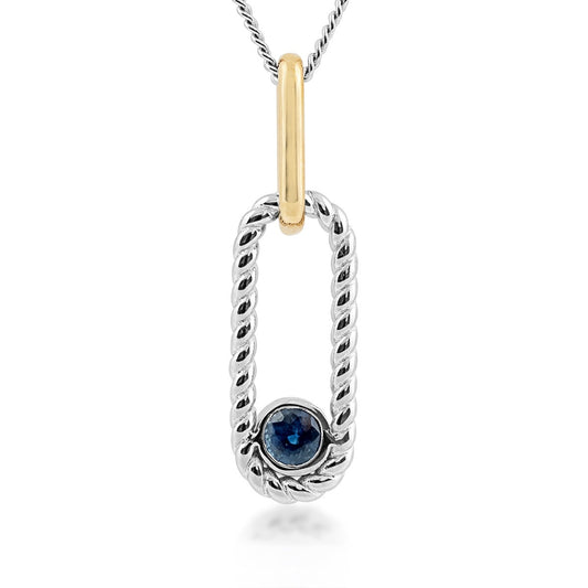 Round Sapphire Rope Paperclip Pendant in Sterling Silver & 10K Yellow Gold