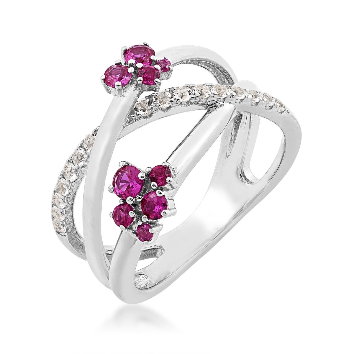 Created Round Ruby & White Topaz Orbit Ring in Sterling Silver front view