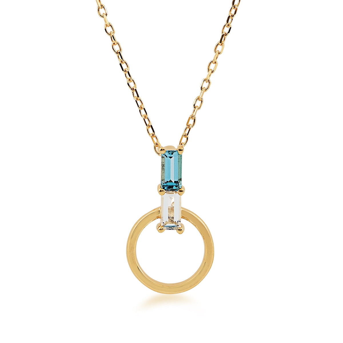 Baguette Swiss Blue & White Topaz Circle Pendant in 10K Yellow Gold
