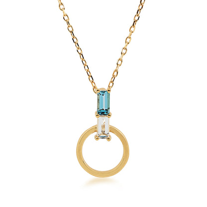 Baguette Swiss Blue & White Topaz Circle Pendant in 10K Yellow Gold