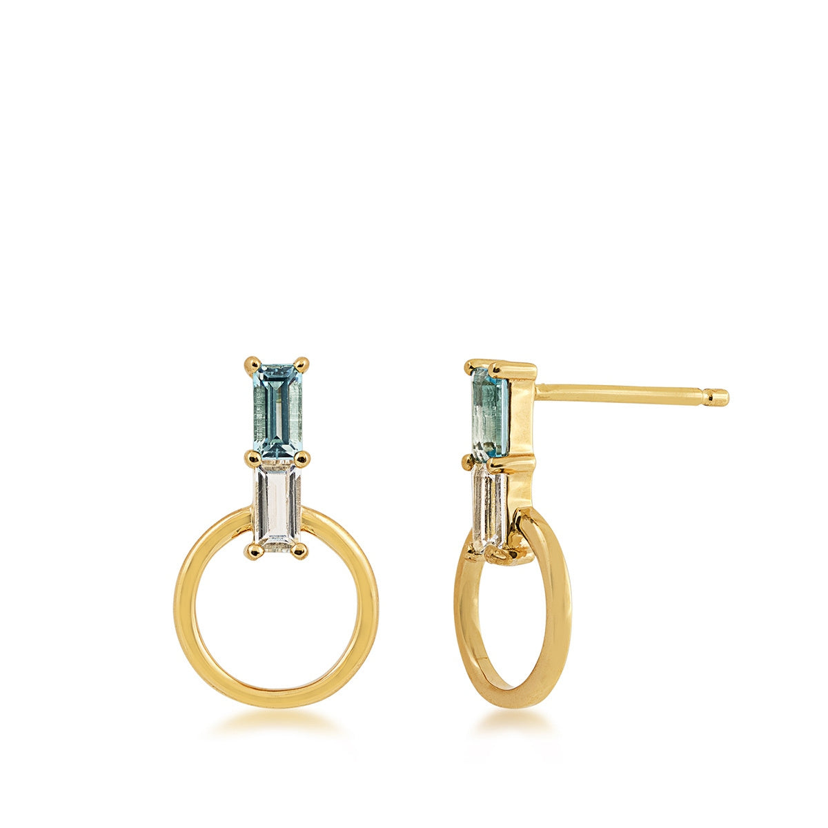 Baguette Swiss Blue & White Topaz Circle Earrings in 10K Yellow Gold