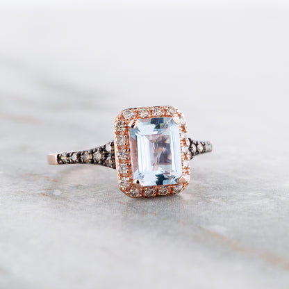 Le Vian Emerald Cut Sea Blue Aquamarine & 1/4 ct. tw. Chocolate Diamond Halo Ring in 14K Strawberry Gold close-up detail