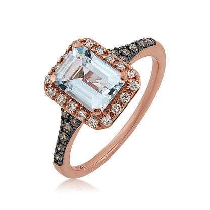 Le Vian Emerald Cut Sea Blue Aquamarine & 1/4 ct. tw. Chocolate Diamond Halo Ring in 14K Strawberry Gold front view