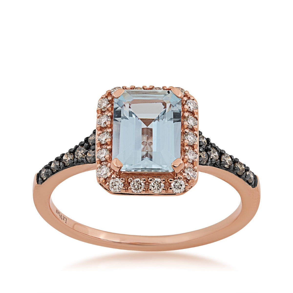 Le Vian Emerald Cut Sea Blue Aquamarine & 1/4 ct. tw. Chocolate Diamond Halo Ring in 14K Strawberry Gold