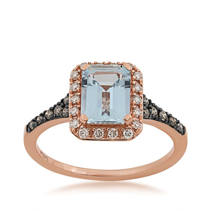 Le Vian Emerald Cut Sea Blue Aquamarine & 1/4 ct. tw. Chocolate Diamond Halo Ring in 14K Strawberry Gold