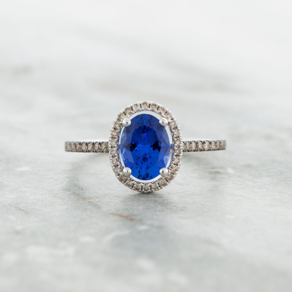 Le Vian Oval Blueberry Tanzanite & 1/5 ct. tw. Chocolate & Nude Diamond Floating Halo Ring in 14K Vanilla close-up detail
