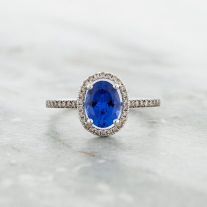 Le Vian Oval Blueberry Tanzanite & 1/5 ct. tw. Chocolate & Nude Diamond Floating Halo Ring in 14K Vanilla close-up detail