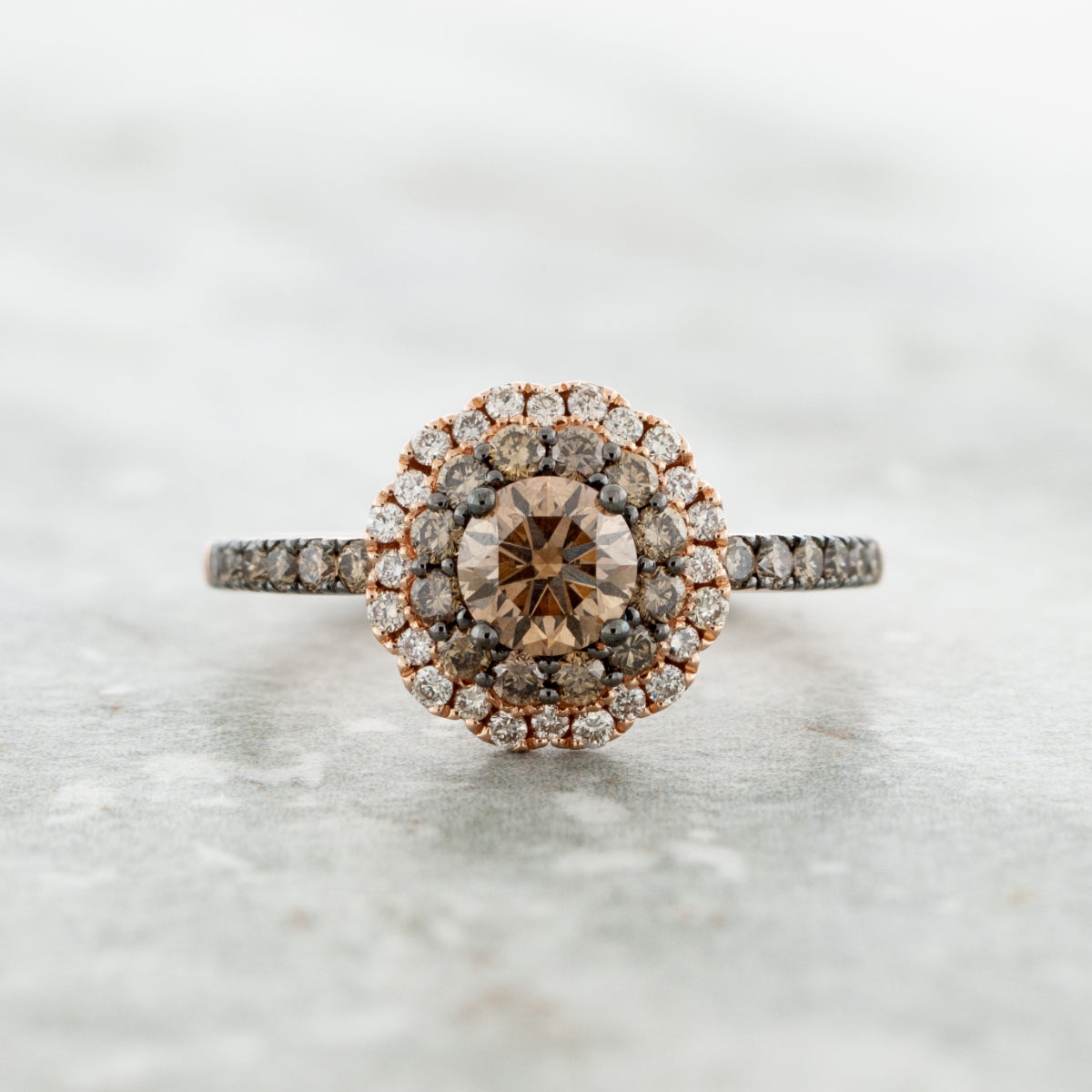 Le Vian 1 ct. tw. Round Chocolate & Nude Diamond Double Halo Ring in 14K Strawberry Gold close-up detail