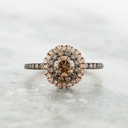 Le Vian 1 ct. tw. Round Chocolate & Nude Diamond Double Halo Ring in 14K Strawberry Gold close-up detail