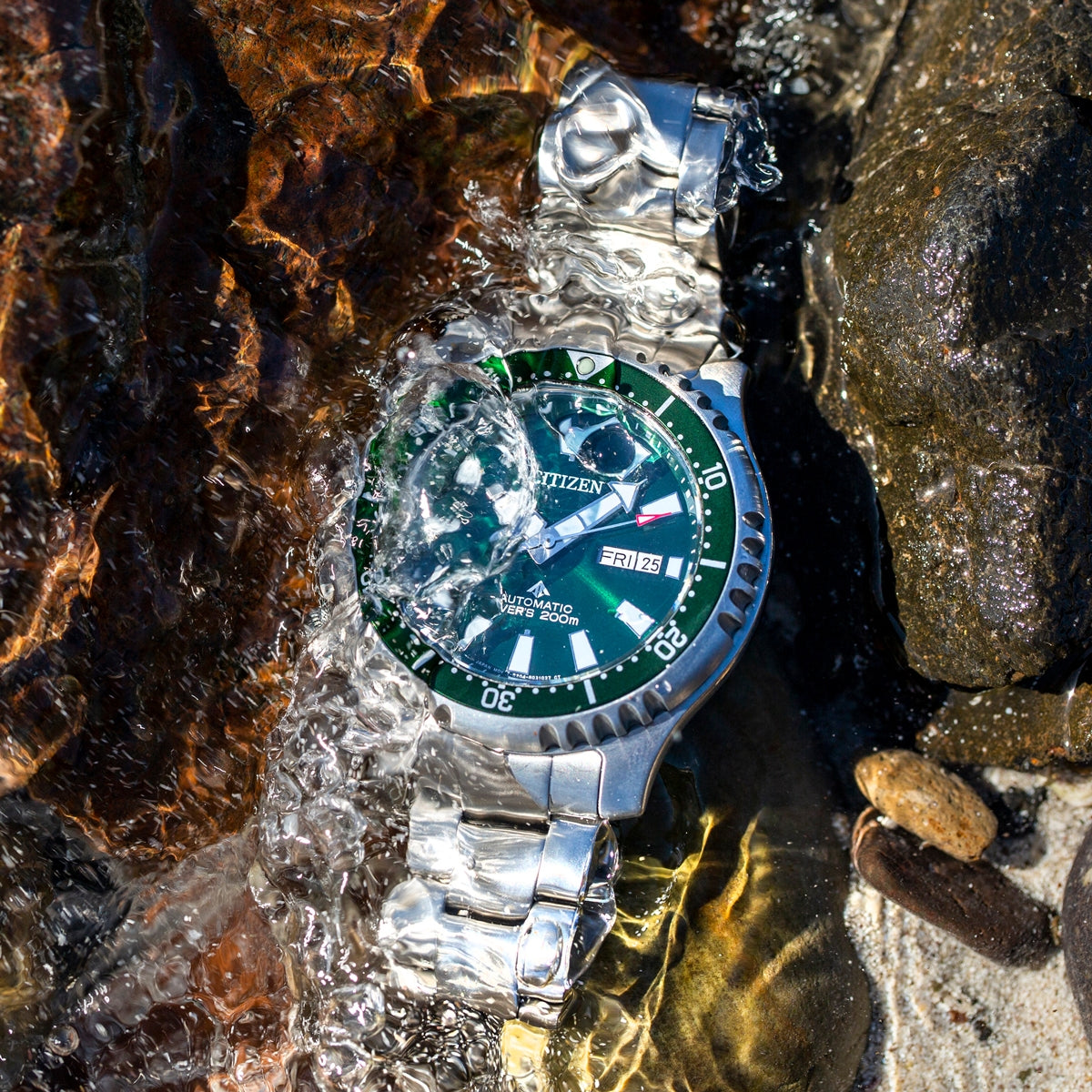 Citizen Men's Promaster Dive Automatic Stainless Steel Watch with Green Dial side profile
