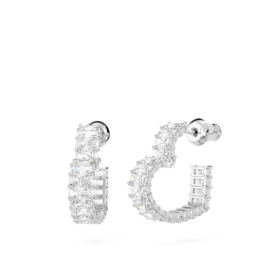 Swarovski Matrix Baguette White Crystal Heart Hoop Earrings in White Rhodium Plating