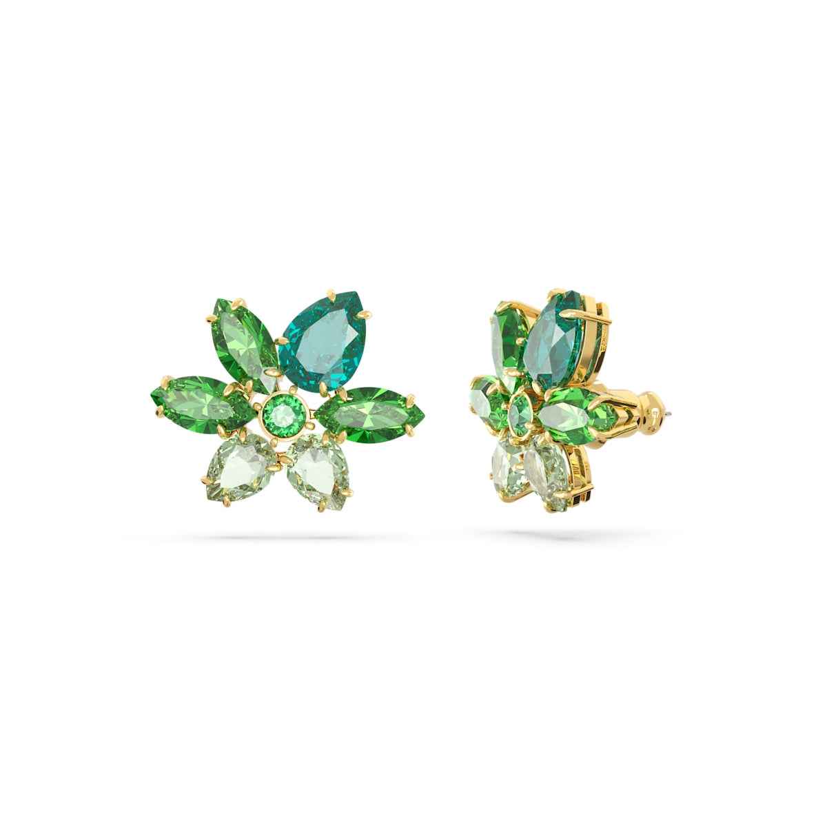 Swarovski Gema Pear & Marquise Green Crystal Flower Earrings in Yellow Gold-Tone Plating