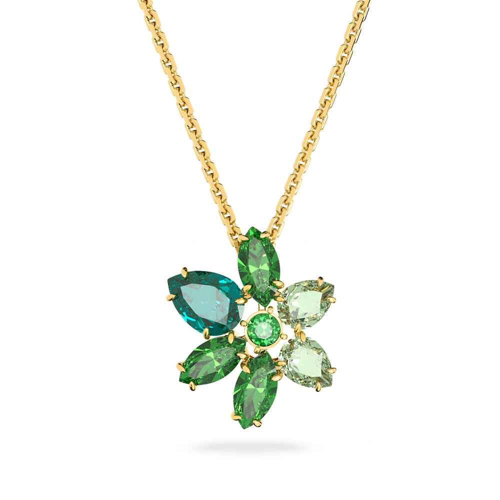 Swarovski Gema Pear & Marquise Green Crystal Flower Pendant in Yellow Gold-Tone Plating
