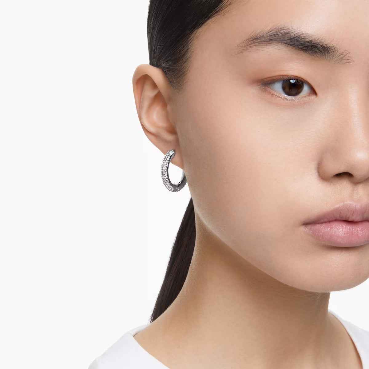Swarovski Dextera Round White Crystal Hoop Earrings in White Rhodium Plating front view