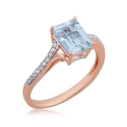 Emerald Cut Aquamarine & Diamond Accent Bypass Ring in 10K Pink Gold front view