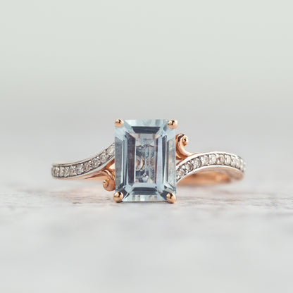 Emerald Cut Aquamarine & Diamond Accent Bypass Ring in 10K Pink Gold close-up detail