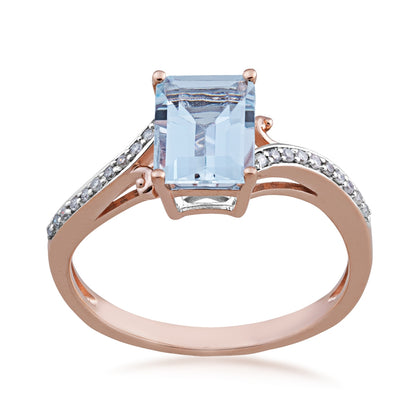 Emerald Cut Aquamarine & Diamond Accent Bypass Ring in 10K Pink Gold