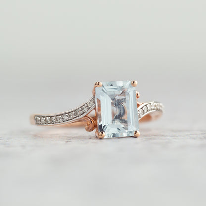 Emerald Cut Aquamarine & Diamond Accent Bypass Ring in 10K Pink Gold side profile