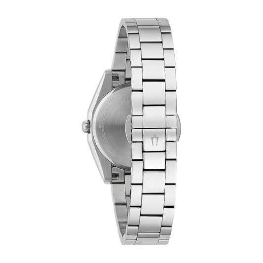 Bulova Ladies' Surveyor Stainless Steel Watch with Blue Dial & Diamond Accents close-up detail
