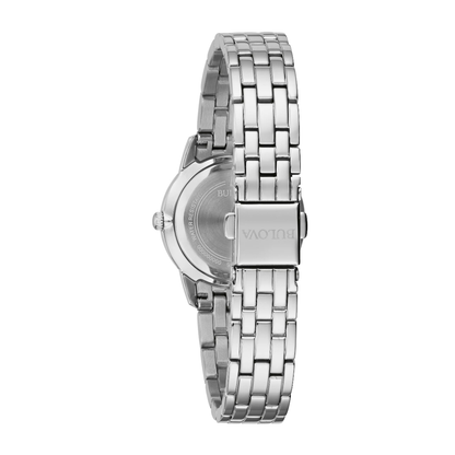 Bulova Ladies' Crystal Collection Stainless Steel Mother of Pearl Dial Watch & Heart Pendant Set close-up detail