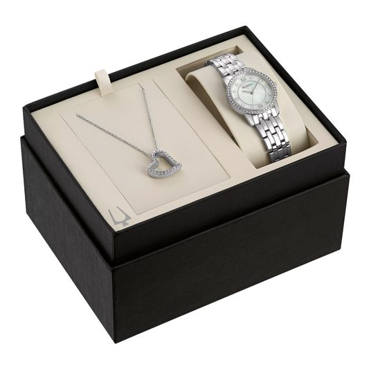 Bulova Ladies' Crystal Collection Stainless Steel Mother of Pearl Dial Watch & Heart Pendant Set side profile