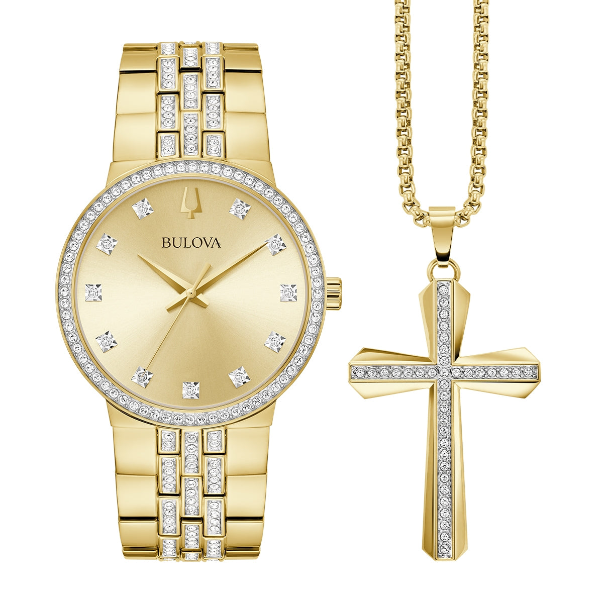 Bulova Men's Crystal Collection Quartz Gold-Tone Stainless Steel Watch Box Set with Crystal Accent Cross & Dial