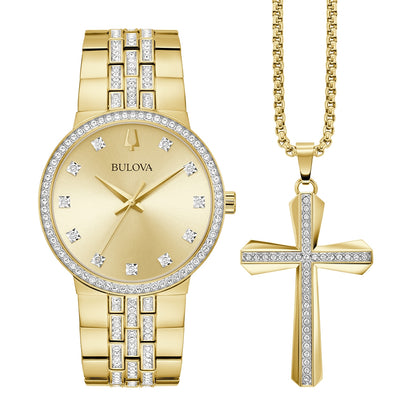 Bulova Men's Crystal Collection Quartz Gold-Tone Stainless Steel Watch Box Set with Crystal Accent Cross & Dial