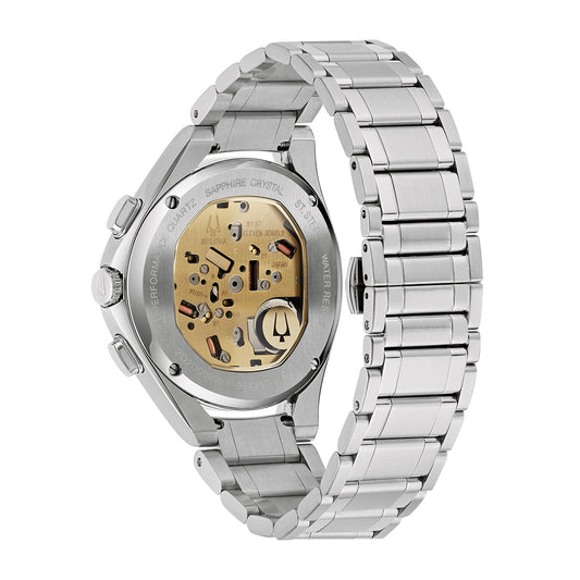 Bulova Men's Curv Quartz Chronograph Stainless Steel Watch with Green Dial close-up detail