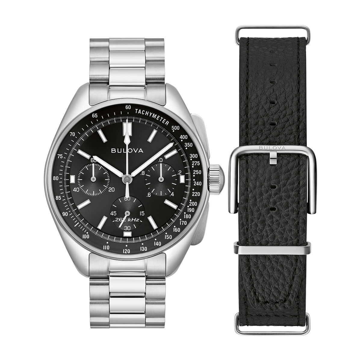 Bulova Men's Archive Series Lunar Pilot Quartz Chronograph Stainless Steel Watch Set with Black Leather Strap side profile
