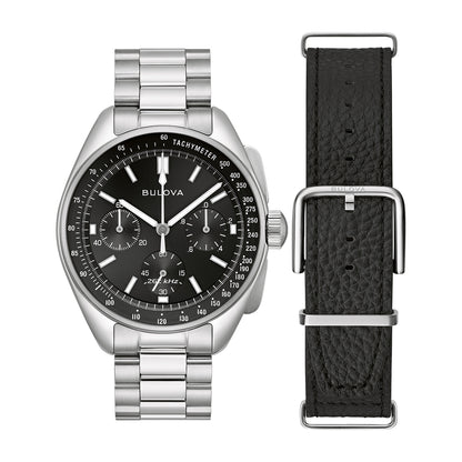 Bulova Men's Archive Series Lunar Pilot Quartz Chronograph Stainless Steel Watch Set with Black Leather Strap side profile
