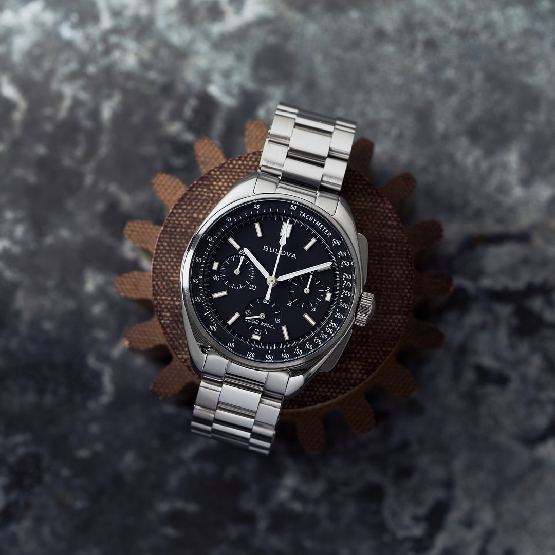 Bulova Men's Archive Series Lunar Pilot Quartz Chronograph Stainless Steel Watch Set with Black Leather Strap and full view