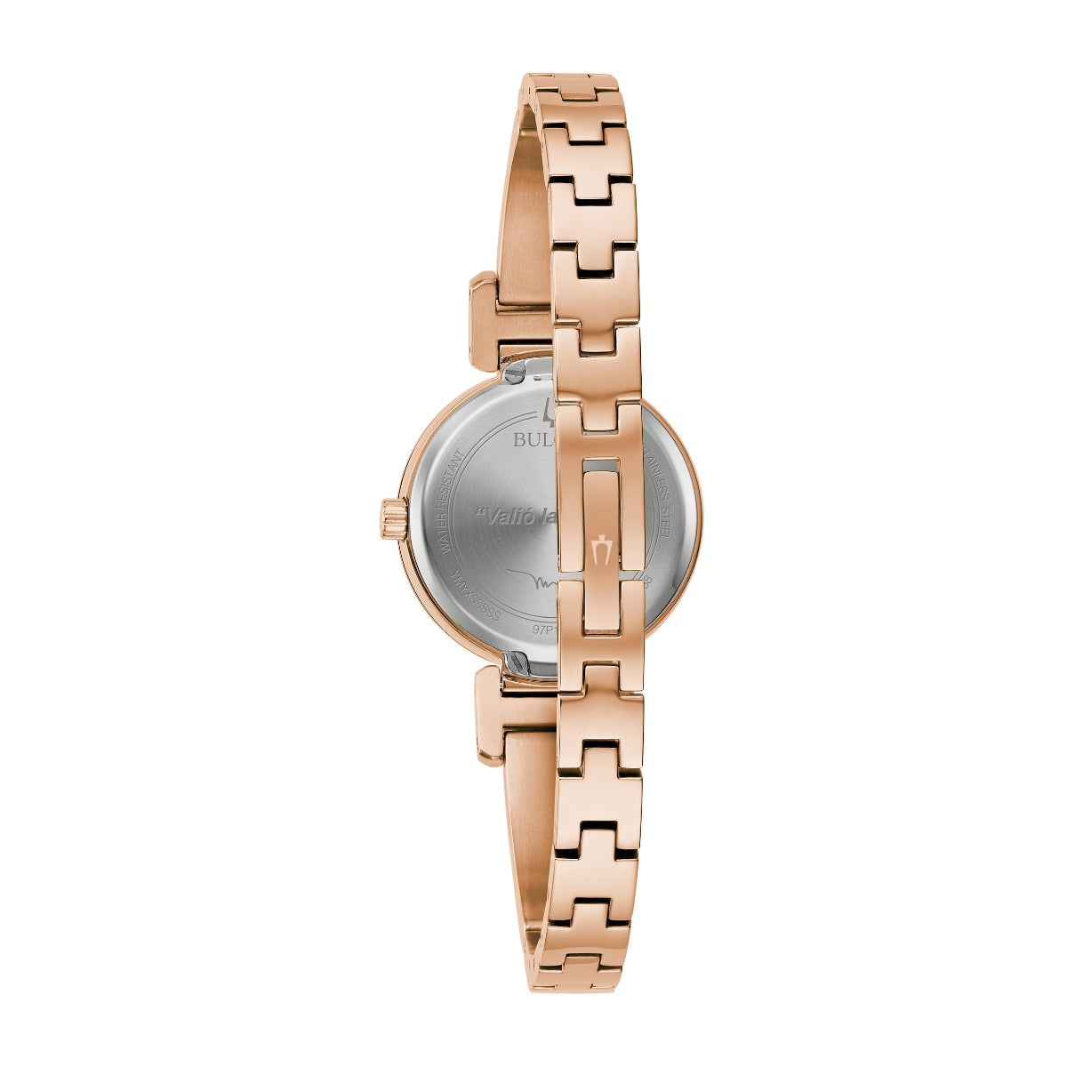 Bulova Marc Anthony Pink Gold-Tone Stainless Steel Watch with Black Mother of Pearl Dial & Diamond Accents close-up detail