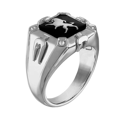 Bulova Men's Diamond Accent & Black Enamel Crest of Bohemia Lion Ring in Rhodium Plated Sterling Silver front view
