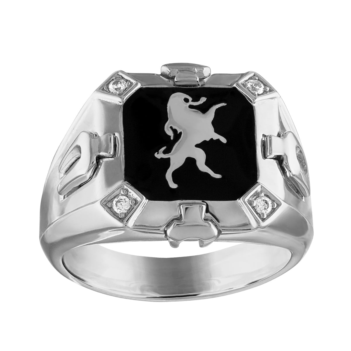 Bulova Men's Diamond Accent & Black Enamel Crest of Bohemia Lion Ring in Rhodium Plated Sterling Silver