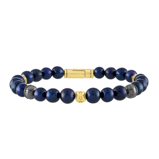 Bulova Men's Cultured Freshwater Navy Pearl & 1/5 ct. tw. Diamond Bracelet in 14K Yellow Gold Plated Sterling Silver